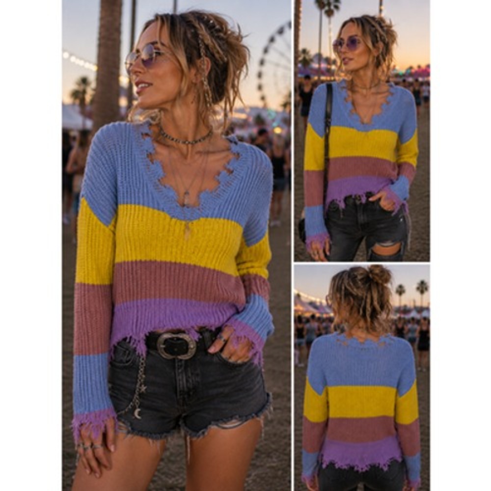 Full Circle Trends Womens Sweater Color Block Distresed Hem Crop Long Sleeve Med